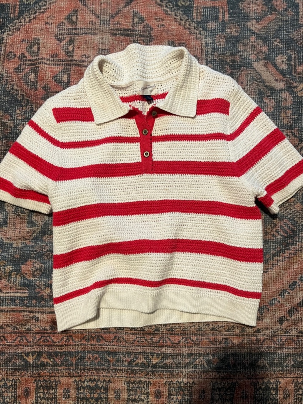 Universal Thread Cream and Red Striped Knit Polo